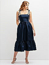 Front View Thumbnail - Midnight Navy Shirred Ruffle Hem Midi Dress with Self-Tie Spaghetti Straps and Pockets