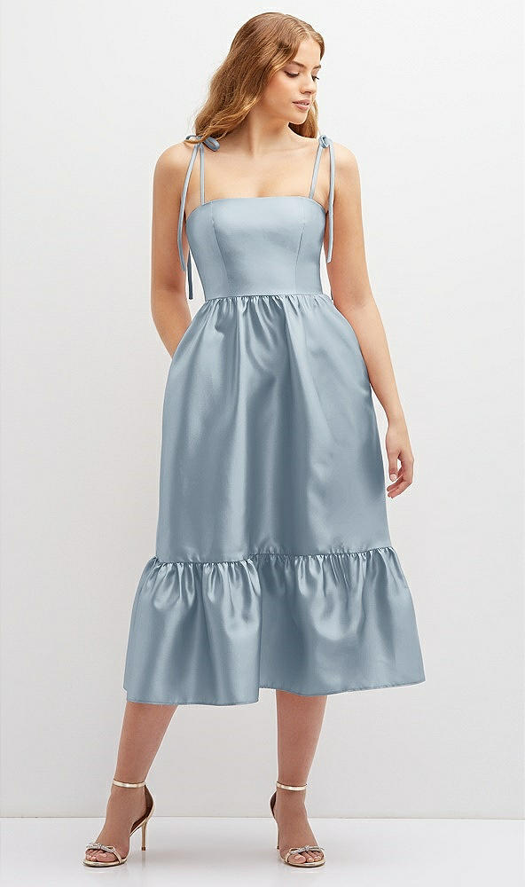 Front View - Mist Shirred Ruffle Hem Midi Dress with Self-Tie Spaghetti Straps and Pockets