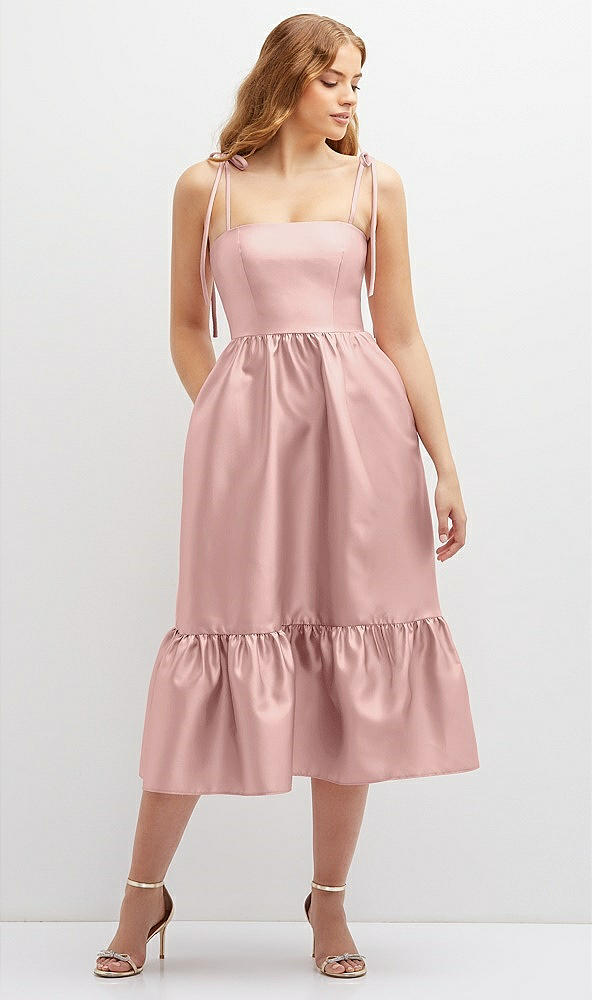 Front View - Rose - PANTONE Rose Quartz Shirred Ruffle Hem Midi Dress with Self-Tie Spaghetti Straps and Pockets