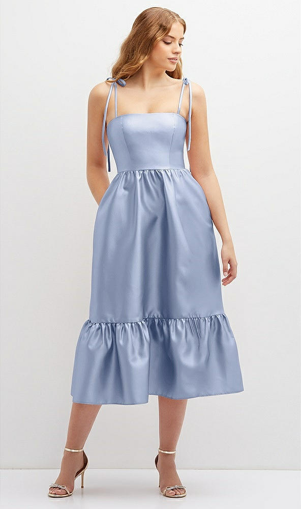 Front View - Sky Blue Shirred Ruffle Hem Midi Dress with Self-Tie Spaghetti Straps and Pockets