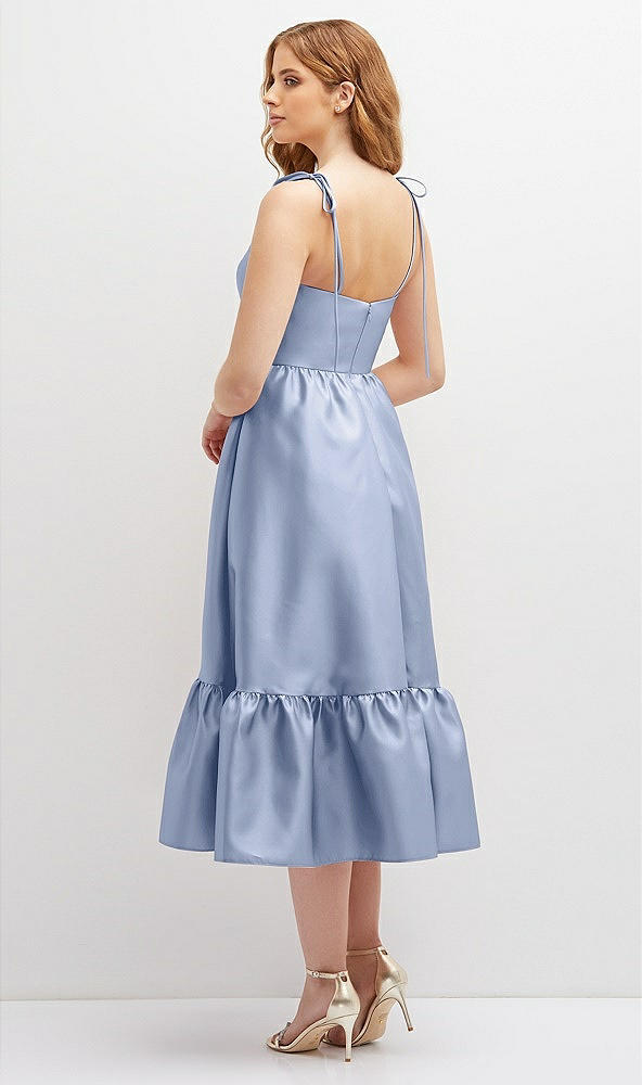 Back View - Sky Blue Shirred Ruffle Hem Midi Dress with Self-Tie Spaghetti Straps and Pockets