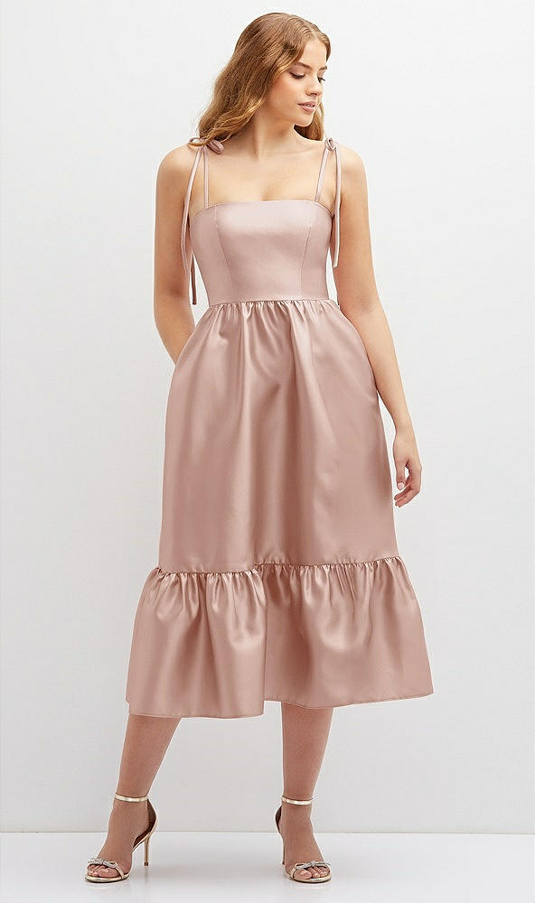 Front View - Toasted Sugar Shirred Ruffle Hem Midi Dress with Self-Tie Spaghetti Straps and Pockets