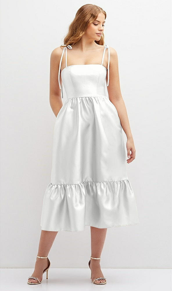 Front View - White Shirred Ruffle Hem Midi Dress with Self-Tie Spaghetti Straps and Pockets