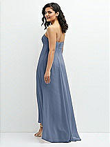 Rear View Thumbnail - Larkspur Blue Strapless Draped Notch Neck Chiffon High-Low Dress