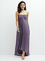 Front View Thumbnail - Lavender Strapless Draped Notch Neck Chiffon High-Low Dress