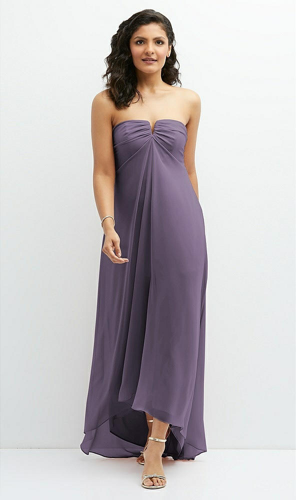 Front View - Lavender Strapless Draped Notch Neck Chiffon High-Low Dress