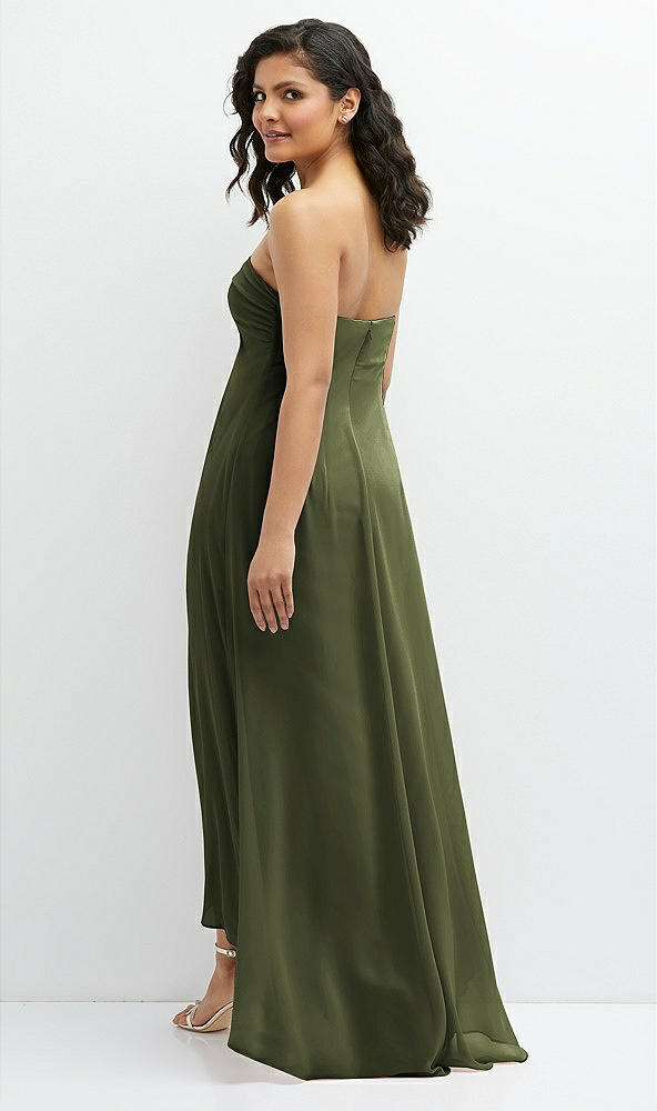 Back View - Olive Green Strapless Draped Notch Neck Chiffon High-Low Dress