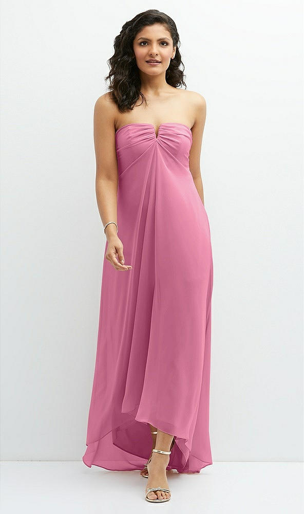 Front View - Orchid Pink Strapless Draped Notch Neck Chiffon High-Low Dress