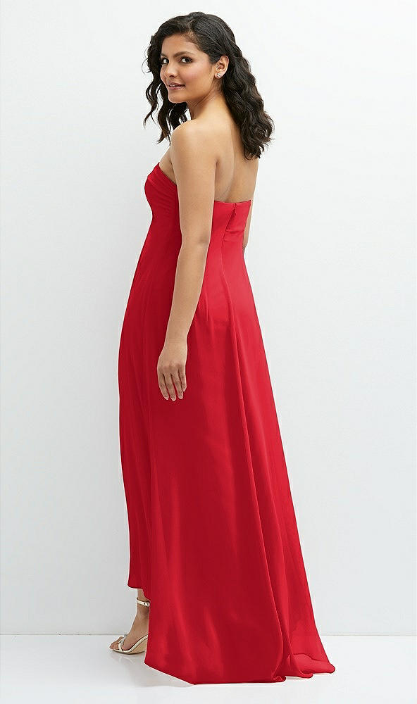 Back View - Parisian Red Strapless Draped Notch Neck Chiffon High-Low Dress
