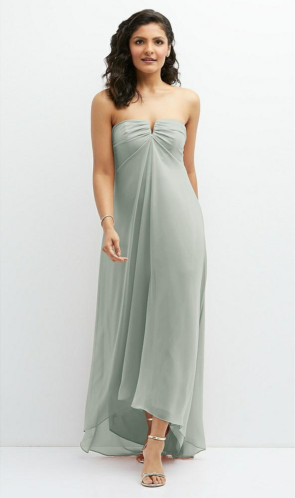 Front View - Willow Green Strapless Draped Notch Neck Chiffon High-Low Dress