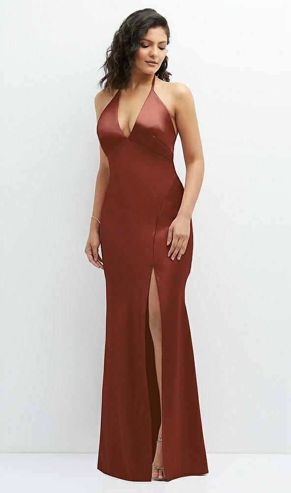Front View - Auburn Moon Plunge Halter Open-Back Maxi Bias Dress with Low Tie Back