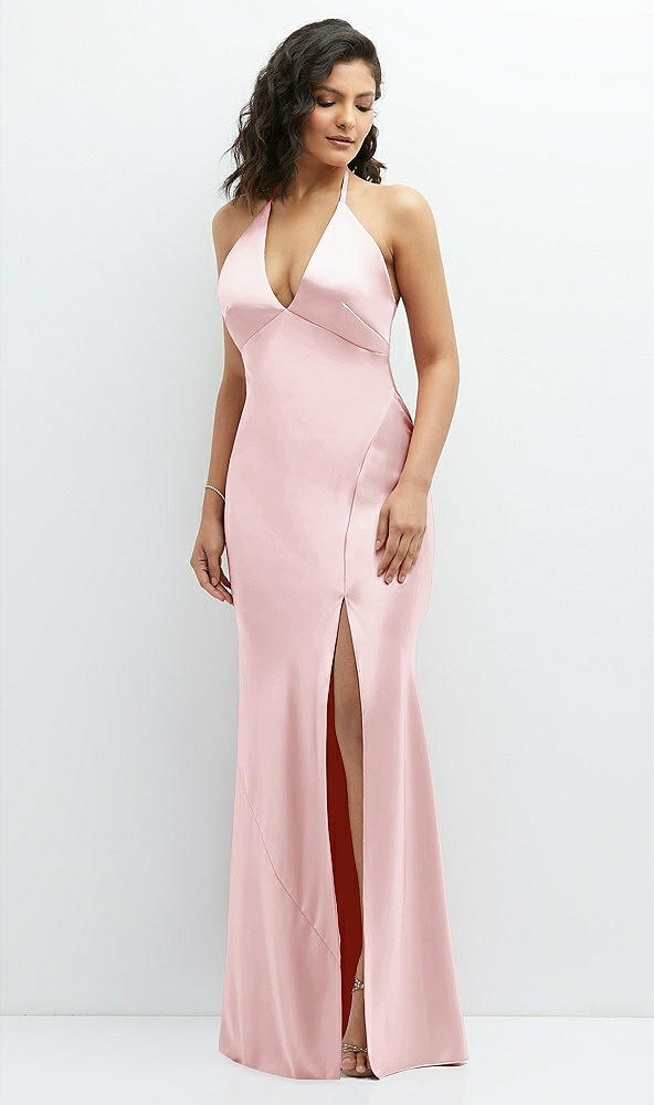 Front View - Ballet Pink Plunge Halter Open-Back Maxi Bias Dress with Low Tie Back
