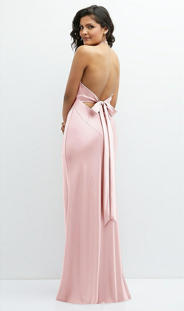 Back View - Ballet Pink Plunge Halter Open-Back Maxi Bias Dress with Low Tie Back