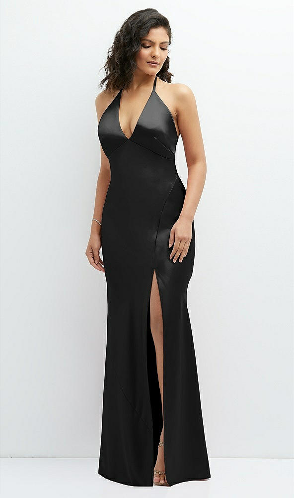Front View - Black Plunge Halter Open-Back Maxi Bias Dress with Low Tie Back