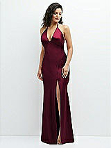 Front View Thumbnail - Cabernet Plunge Halter Open-Back Maxi Bias Dress with Low Tie Back