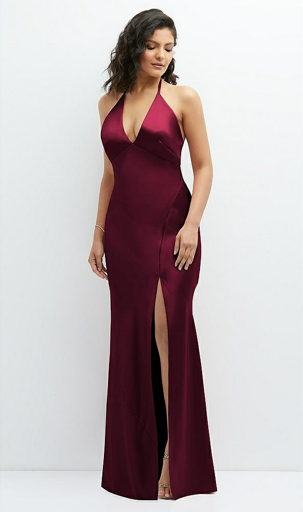 Front View - Cabernet Plunge Halter Open-Back Maxi Bias Dress with Low Tie Back