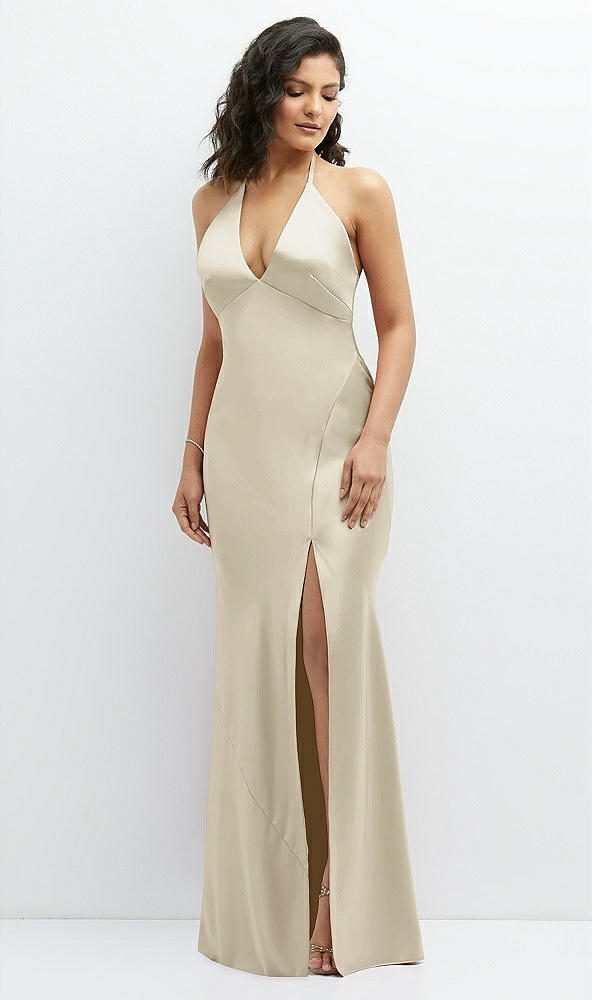 Front View - Champagne Plunge Halter Open-Back Maxi Bias Dress with Low Tie Back