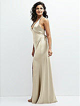 Side View Thumbnail - Champagne Plunge Halter Open-Back Maxi Bias Dress with Low Tie Back