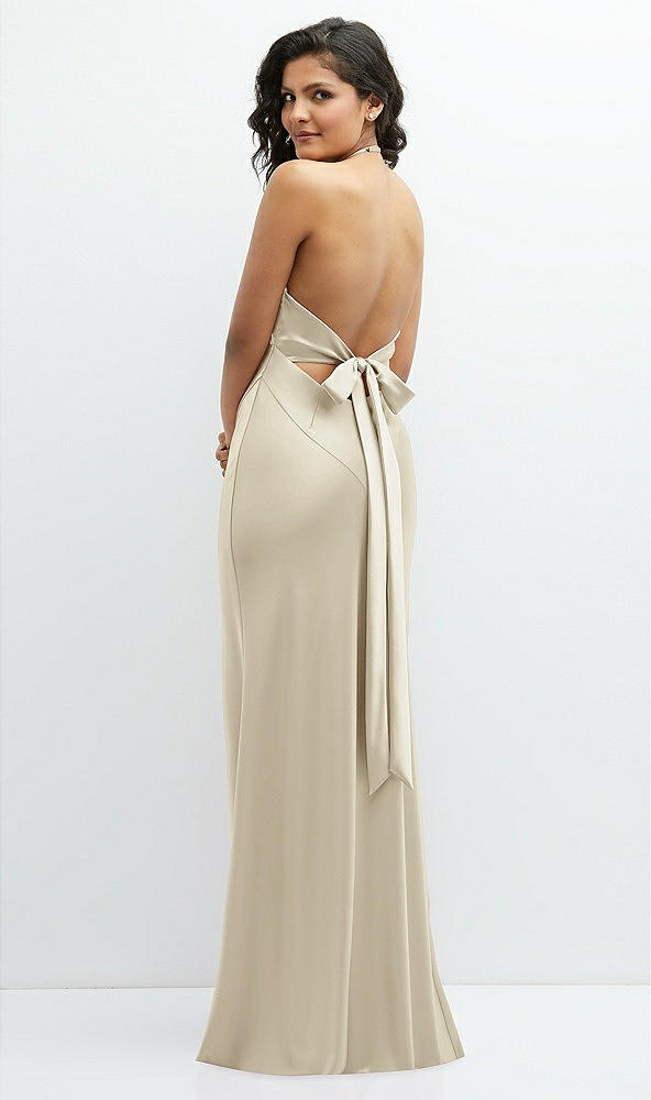 Back View - Champagne Plunge Halter Open-Back Maxi Bias Dress with Low Tie Back