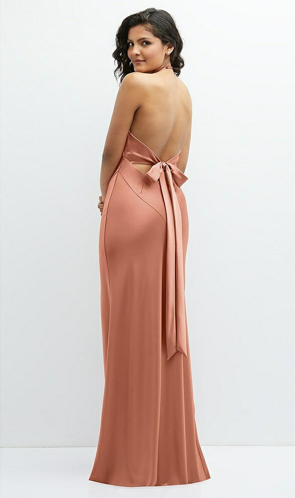 Back View - Copper Penny Plunge Halter Open-Back Maxi Bias Dress with Low Tie Back