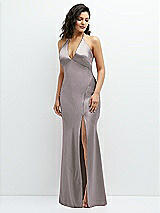 Front View Thumbnail - Cashmere Gray Plunge Halter Open-Back Maxi Bias Dress with Low Tie Back
