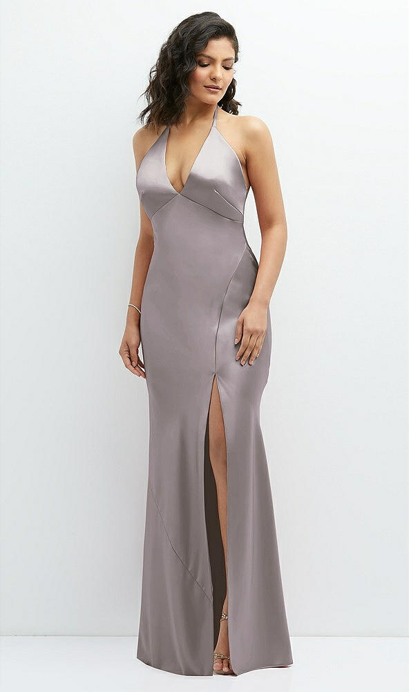 Front View - Cashmere Gray Plunge Halter Open-Back Maxi Bias Dress with Low Tie Back
