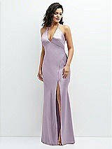 Front View Thumbnail - Lilac Haze Plunge Halter Open-Back Maxi Bias Dress with Low Tie Back