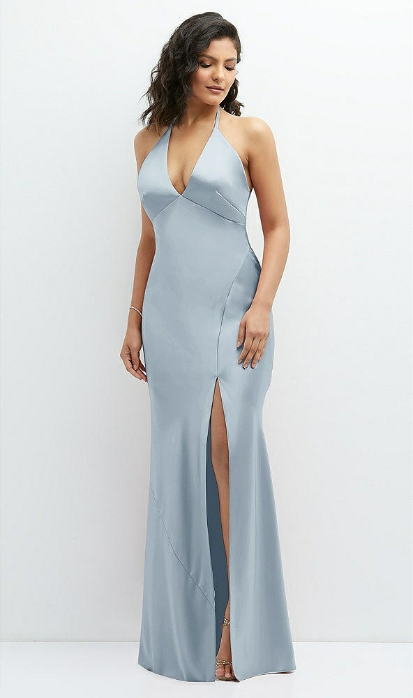 Front View - Mist Plunge Halter Open-Back Maxi Bias Dress with Low Tie Back