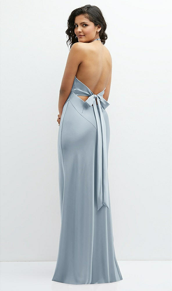 Back View - Mist Plunge Halter Open-Back Maxi Bias Dress with Low Tie Back