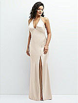 Front View Thumbnail - Oat Plunge Halter Open-Back Maxi Bias Dress with Low Tie Back