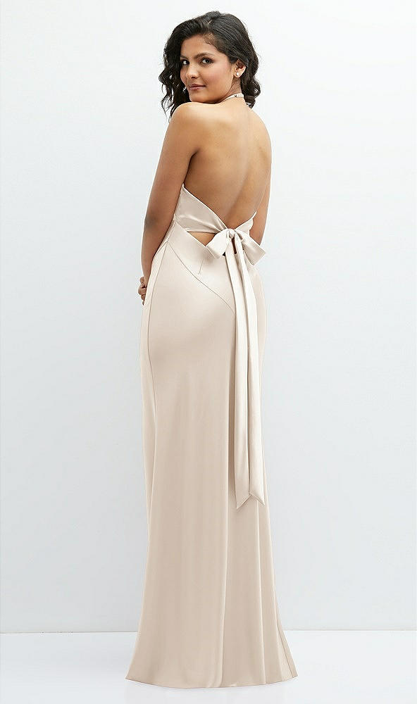 Back View - Oat Plunge Halter Open-Back Maxi Bias Dress with Low Tie Back