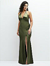 Front View Thumbnail - Olive Green Plunge Halter Open-Back Maxi Bias Dress with Low Tie Back