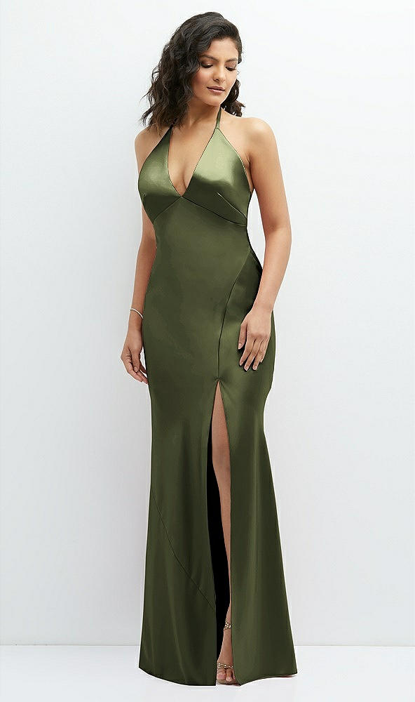 Front View - Olive Green Plunge Halter Open-Back Maxi Bias Dress with Low Tie Back