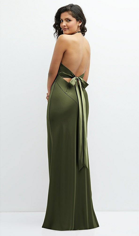 Back View - Olive Green Plunge Halter Open-Back Maxi Bias Dress with Low Tie Back