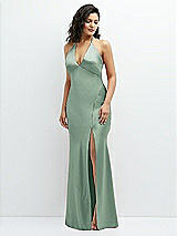 Front View Thumbnail - Seagrass Plunge Halter Open-Back Maxi Bias Dress with Low Tie Back
