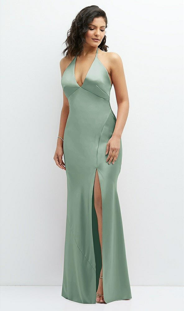 Front View - Seagrass Plunge Halter Open-Back Maxi Bias Dress with Low Tie Back