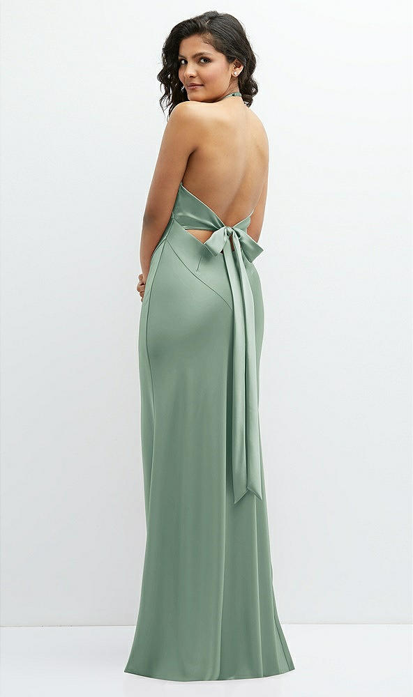 Back View - Seagrass Plunge Halter Open-Back Maxi Bias Dress with Low Tie Back