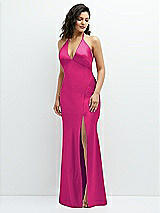 Front View Thumbnail - Think Pink Plunge Halter Open-Back Maxi Bias Dress with Low Tie Back