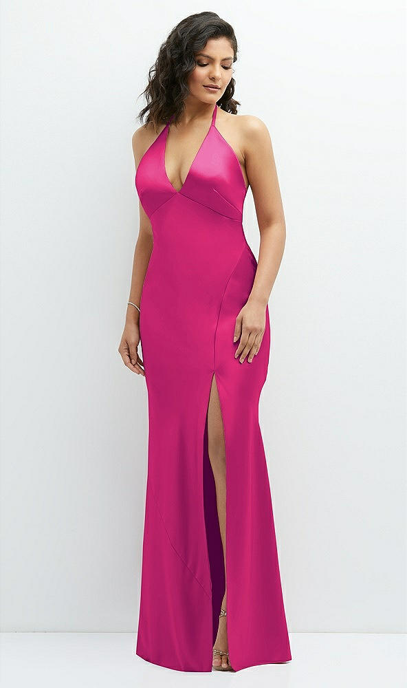 Front View - Think Pink Plunge Halter Open-Back Maxi Bias Dress with Low Tie Back
