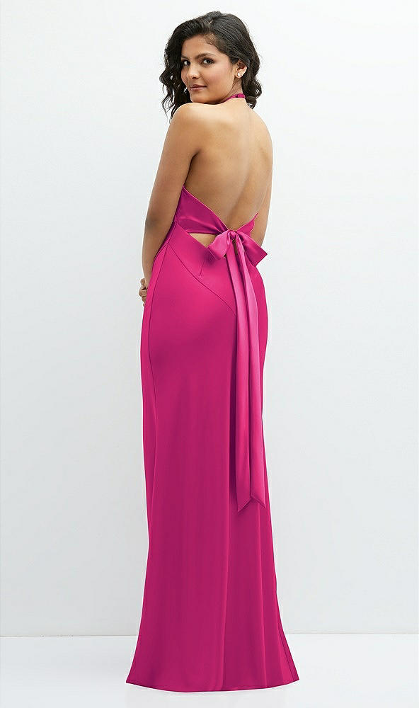 Back View - Think Pink Plunge Halter Open-Back Maxi Bias Dress with Low Tie Back