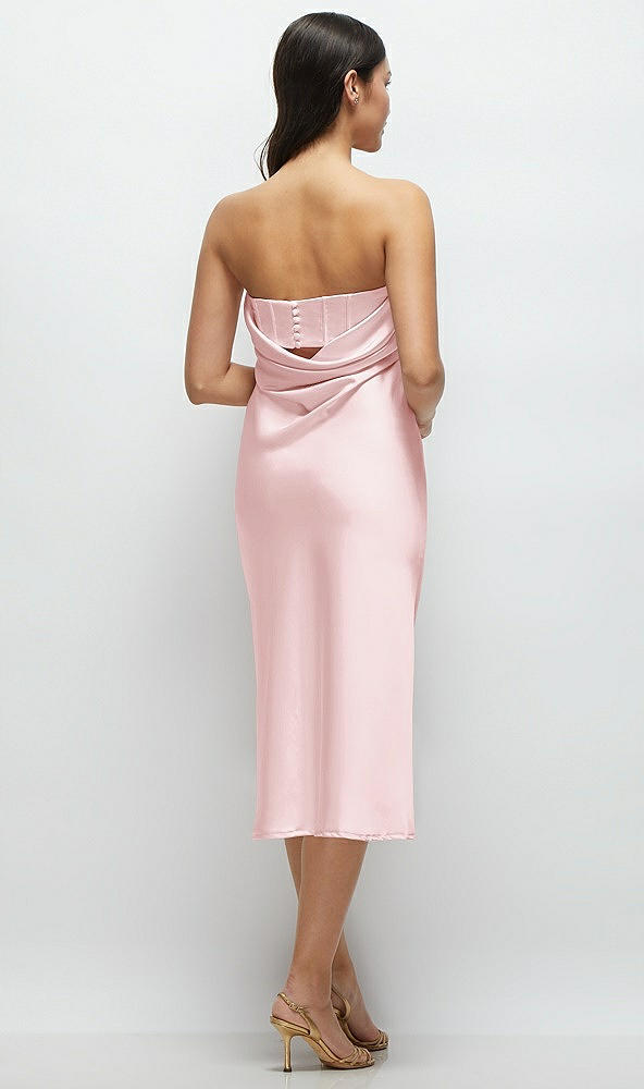 Back View - Ballet Pink Strapless Midi Bias Column Dress with Peek-a-Boo Corset Back