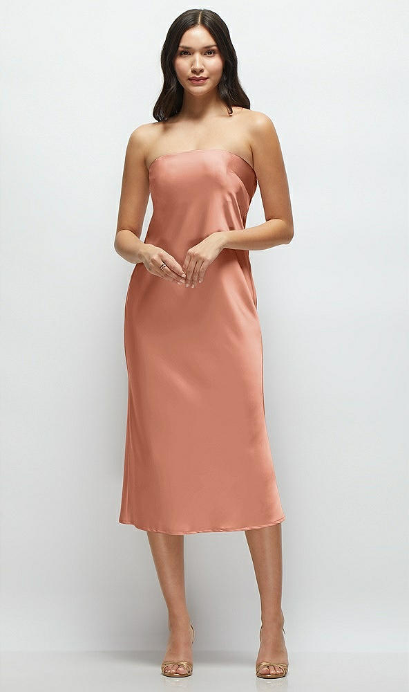 Front View - Copper Penny Strapless Midi Bias Column Dress with Peek-a-Boo Corset Back