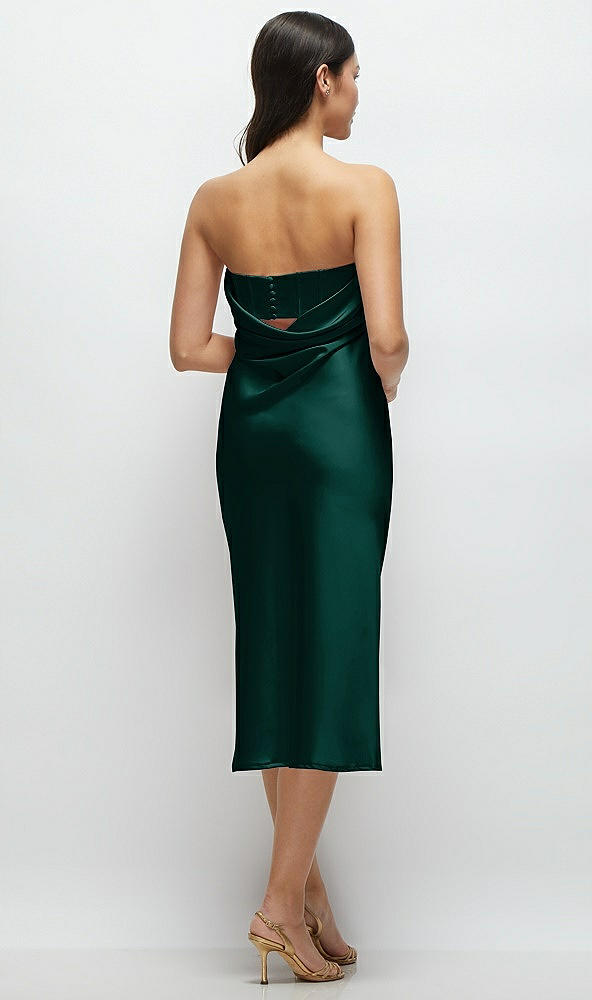 Back View - Evergreen Strapless Midi Bias Column Dress with Peek-a-Boo Corset Back