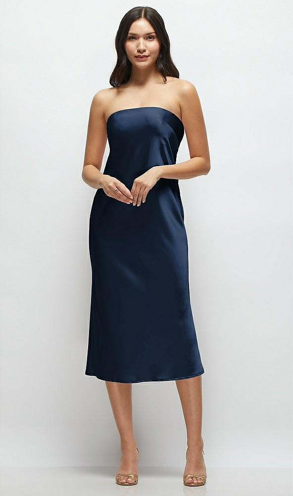 Front View - Midnight Navy Strapless Midi Bias Column Dress with Peek-a-Boo Corset Back