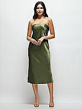 Front View Thumbnail - Olive Green Strapless Midi Bias Column Dress with Peek-a-Boo Corset Back