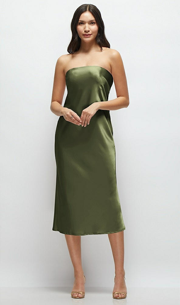Front View - Olive Green Strapless Midi Bias Column Dress with Peek-a-Boo Corset Back