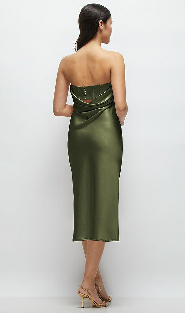 Back View - Olive Green Strapless Midi Bias Column Dress with Peek-a-Boo Corset Back