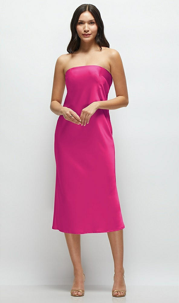 Front View - Think Pink Strapless Midi Bias Column Dress with Peek-a-Boo Corset Back