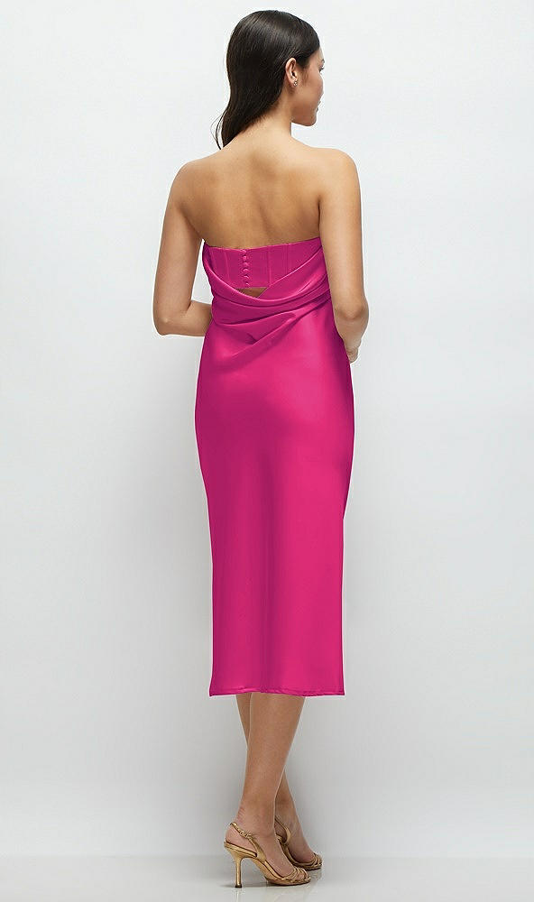 Back View - Think Pink Strapless Midi Bias Column Dress with Peek-a-Boo Corset Back
