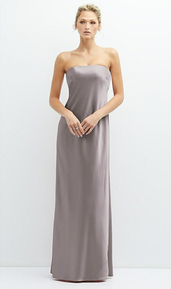Front View - Cashmere Gray Strapless Maxi Bias Column Dress with Peek-a-Boo Corset Back